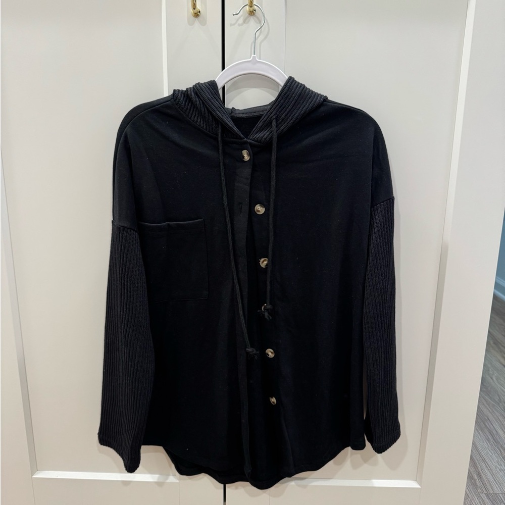 Black Button-Up Hooded shacket with Ribbed Sleeves